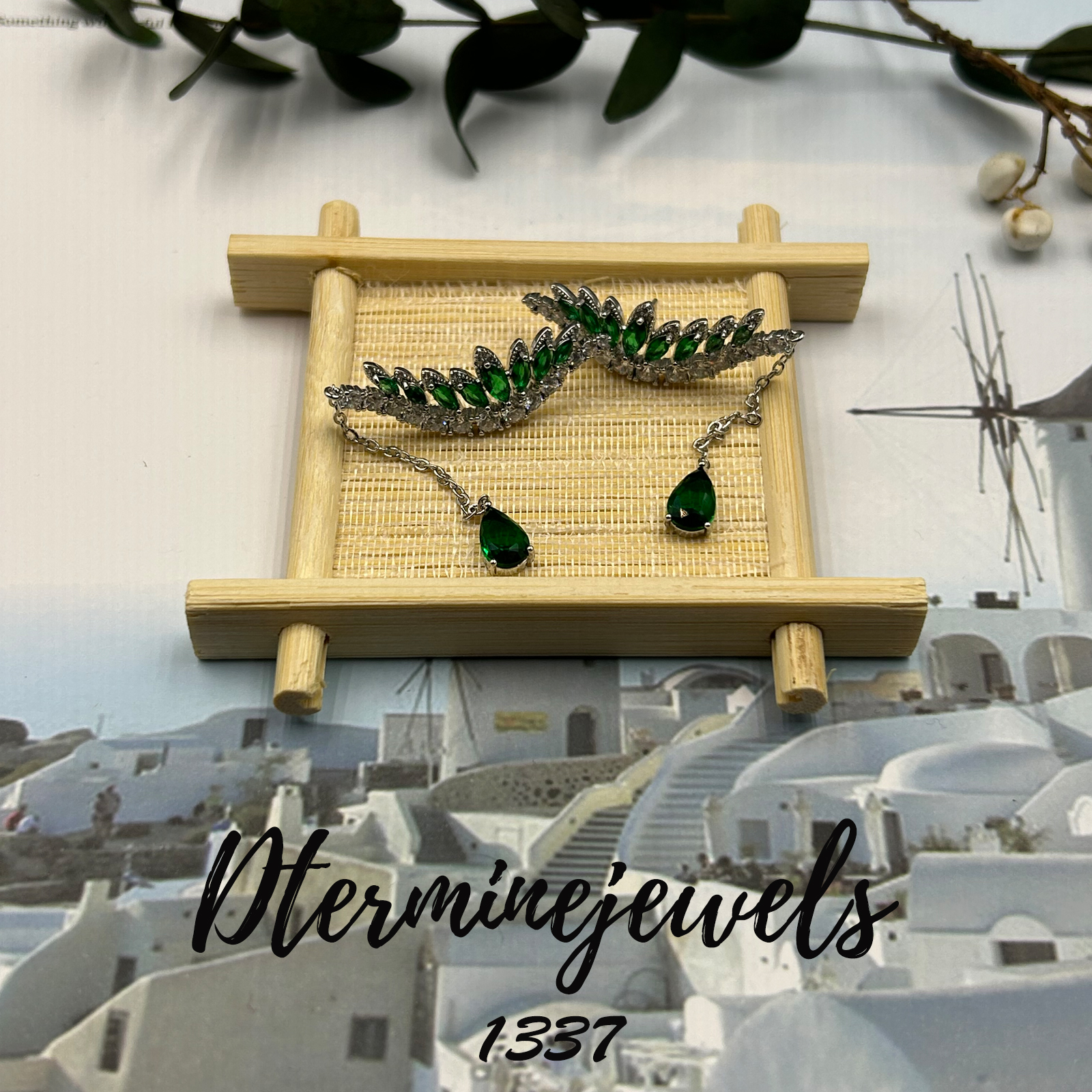 铜合金合成锆石耳饰 手工气质绿色镶嵌设计师款耳饰-1337