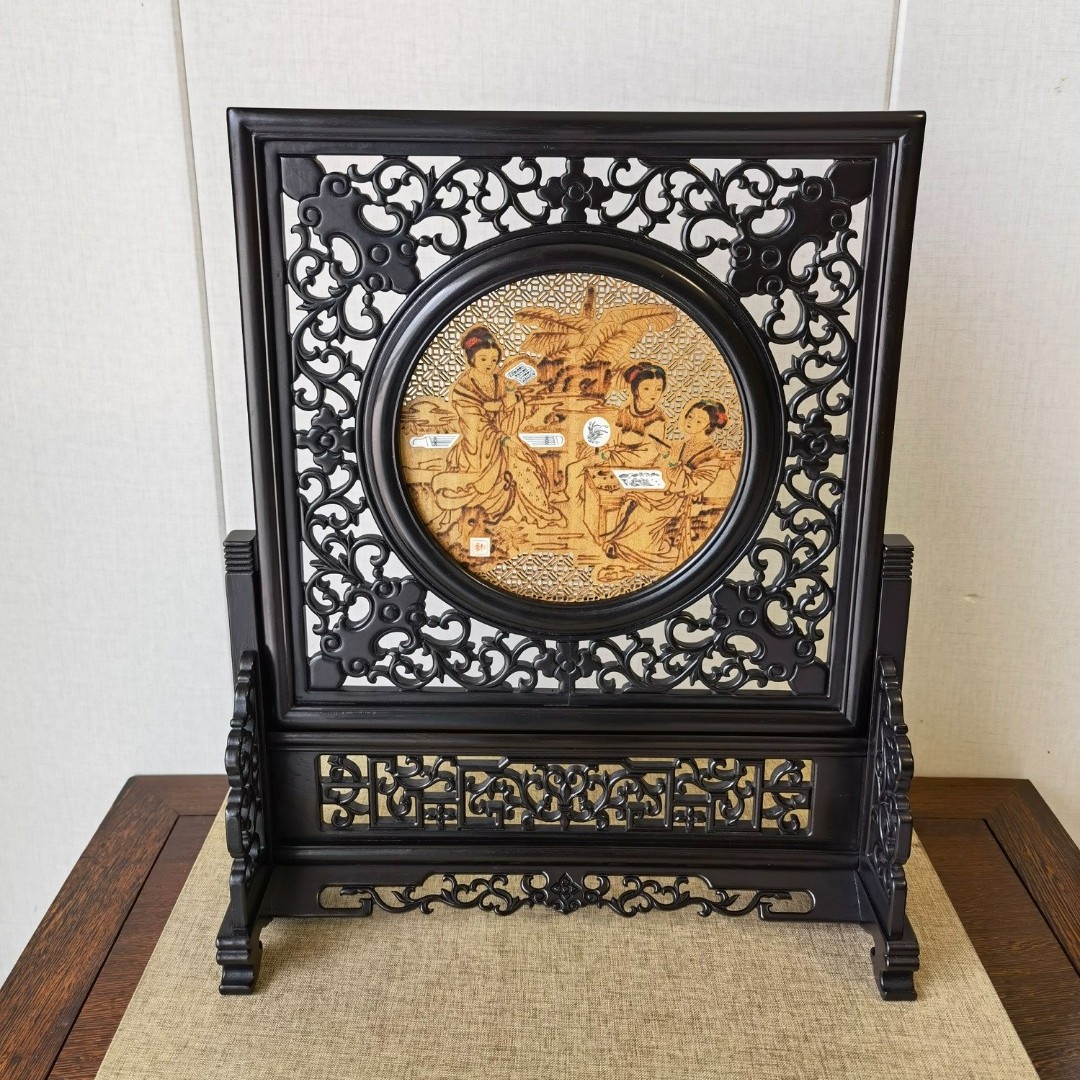 紫光檀 东非黑黄檀    正方台屏    屏风   尺寸  31.5×12×39