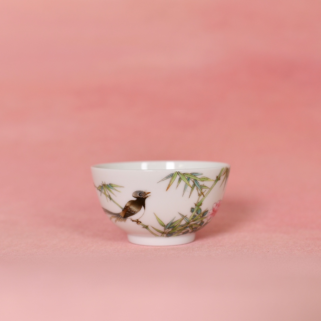 艺林堂古彩花鸟翠竹茶杯
