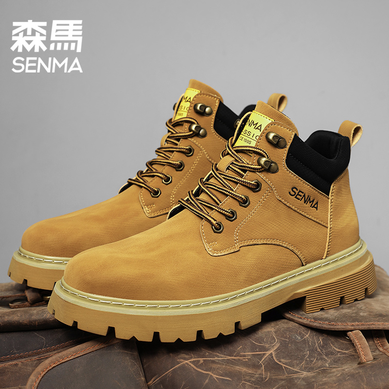 森马男鞋秋季新款百搭商务厚底舒适工装鞋时尚高帮皮面休闲马丁靴
