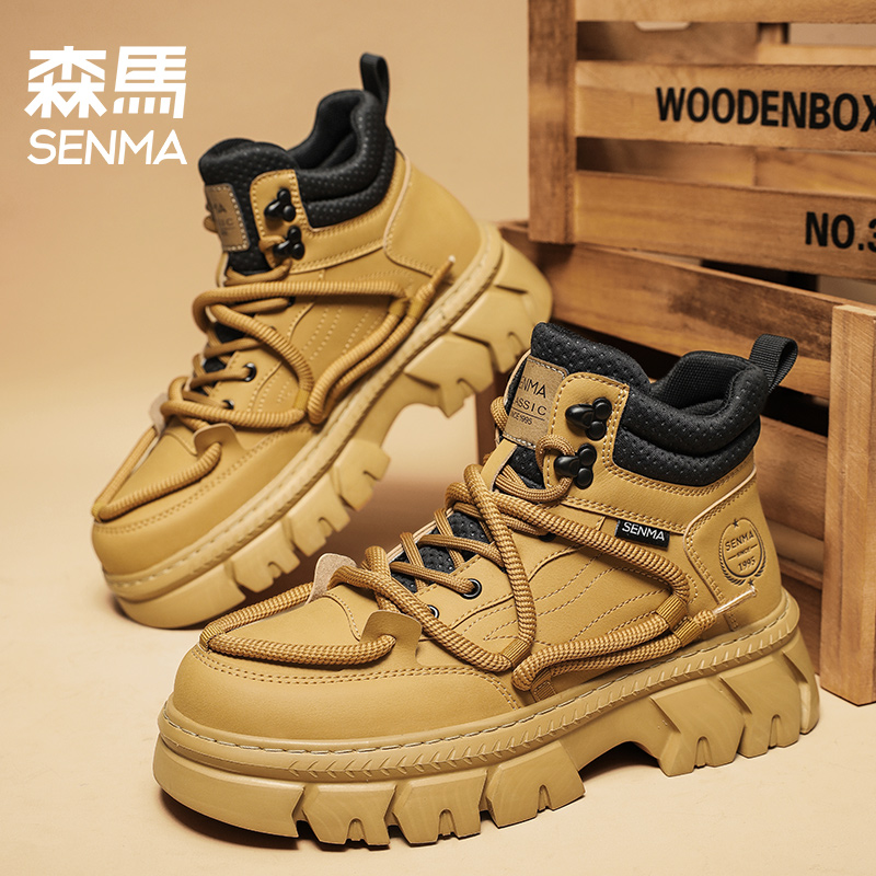 森马男鞋冬季个性复古工装风厚底百搭潮鞋皮面防水高帮休闲马丁靴