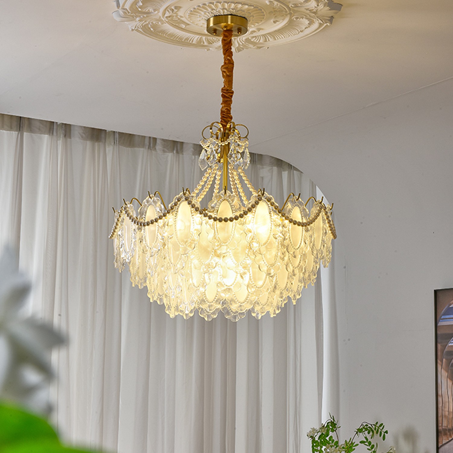 奶油风太阳花水晶艺术玻璃片轻法式创意简约大气吊灯餐厅客厅大灯