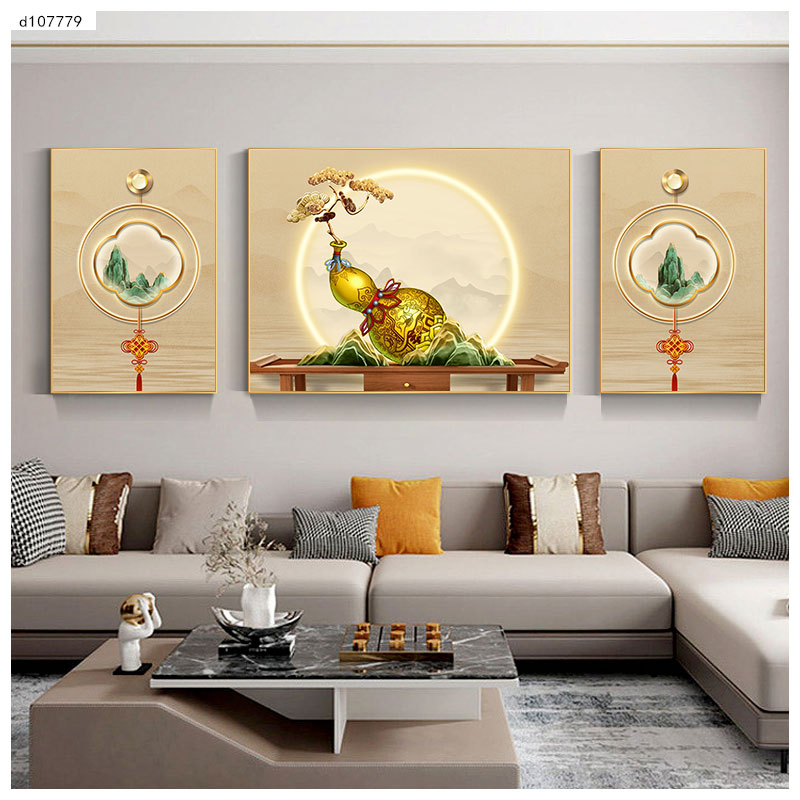 现代轻奢客厅装饰画中式三联简约沙发背景墙葫芦三联画壁画挂画
