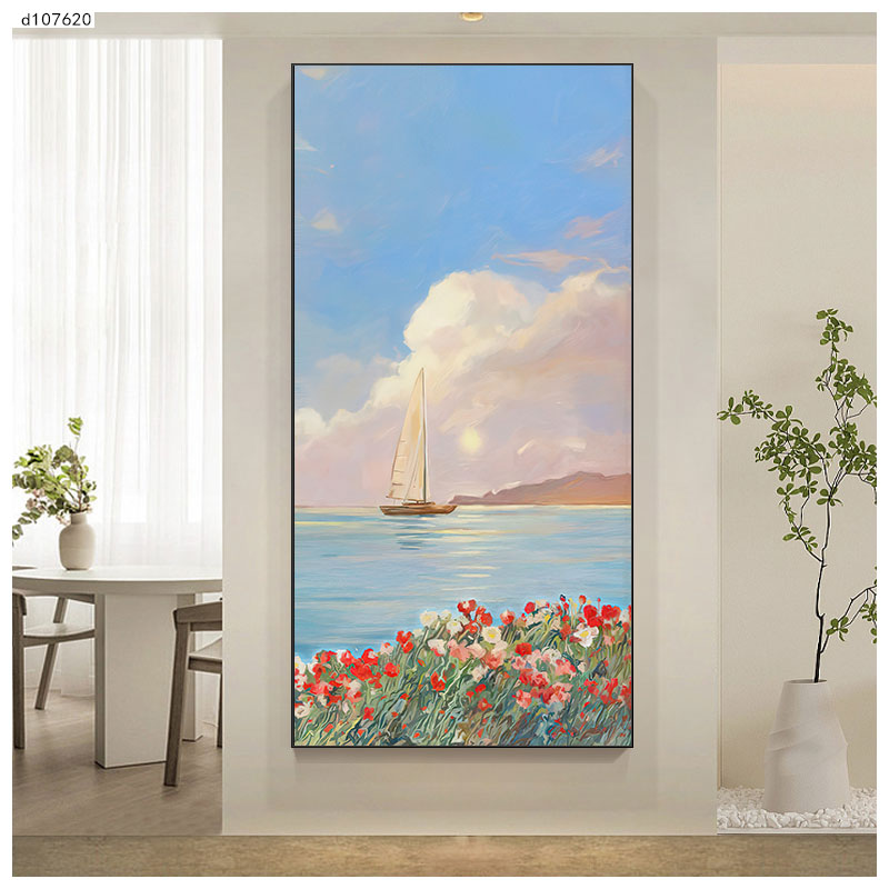 海边风景简约入户奶油走廊花卉玄关装饰画挂画客厅过道竖版壁画