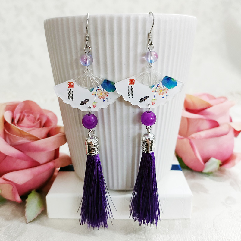 铜合金布艺耳饰 民族风纯手工气质古风扇形流苏耳环1583