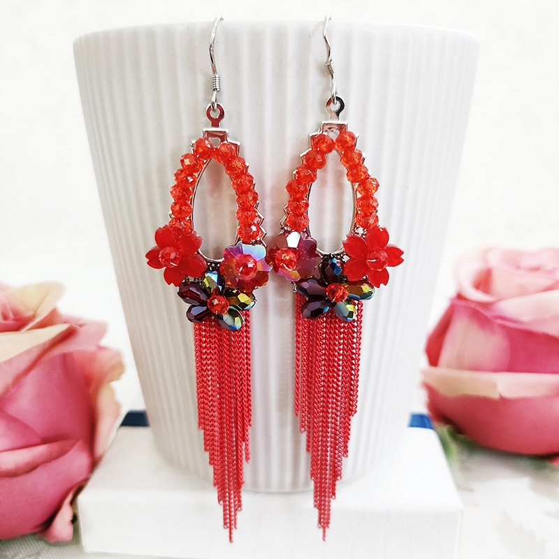 铜合金琉璃耳饰 民族风手工编织长款流苏耳环1536