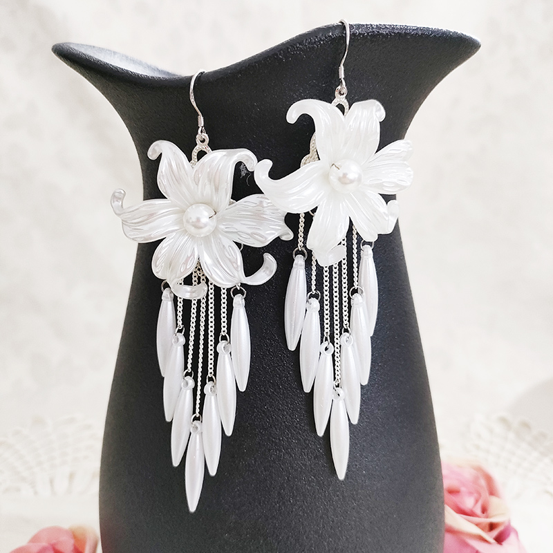 铜合金仿珍珠耳饰 民族风夸张气质花卉流苏耳坠耳环2912