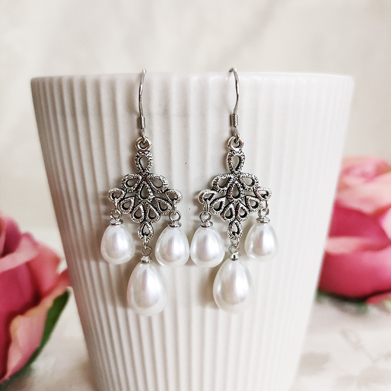 铜合金仿珍珠耳饰 民族风复古气质吊坠耳环1270