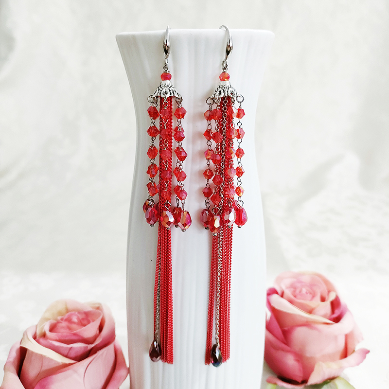 铜合金玻璃耳饰 民族风夸张长款手工流苏耳环1061