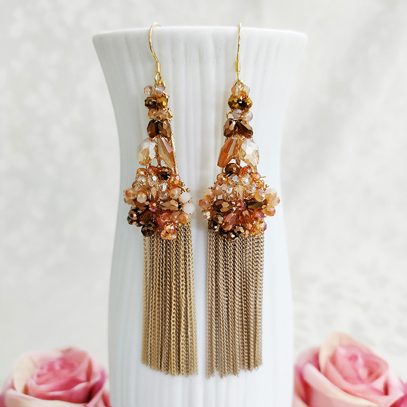 铜合金玻璃耳饰 民族风长款流苏手工重工耳环1206