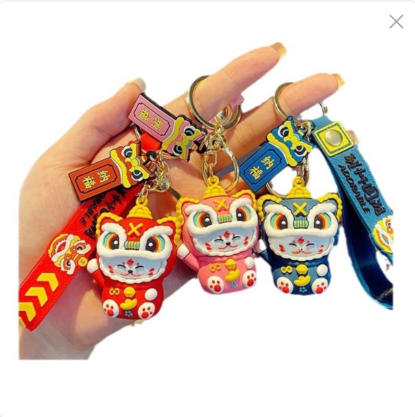 国潮醒狮招财猫钥匙链吉祥兔子汽车钥匙扣挂件小礼品公仔娃娃批