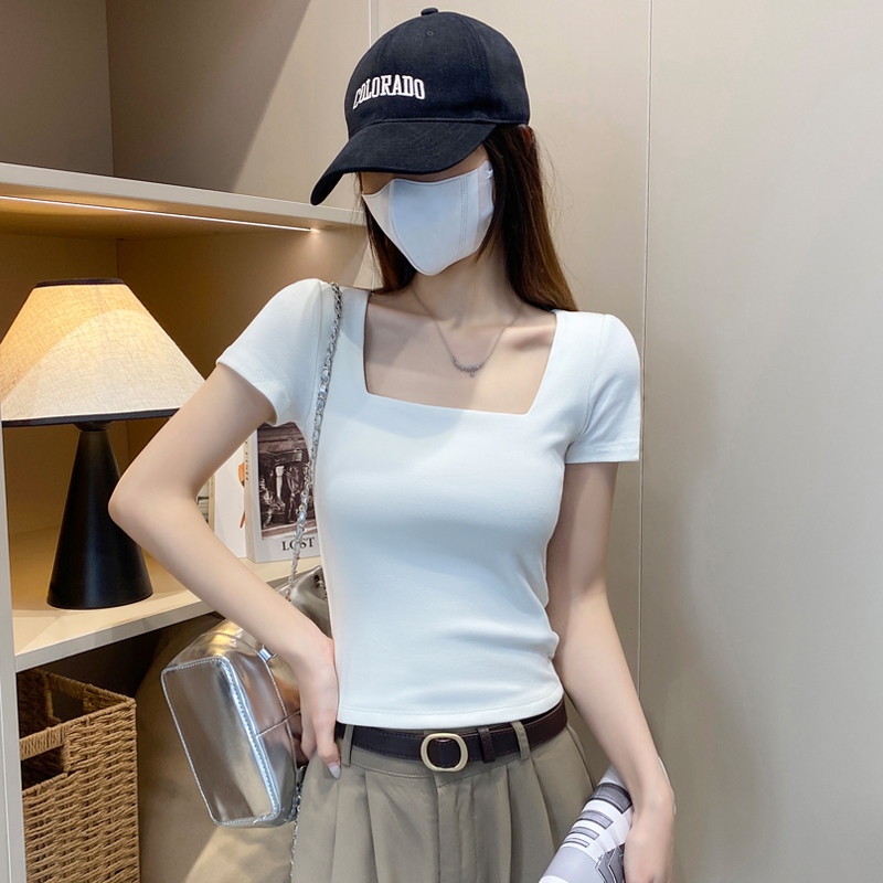 白色方领短袖t恤女春夏低领修身显瘦露锁骨打底衫内搭紧身u领上衣