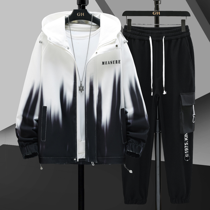 套装男2023秋季新款渐变夹克上衣裤子一套春秋帅气潮流秋装男外套