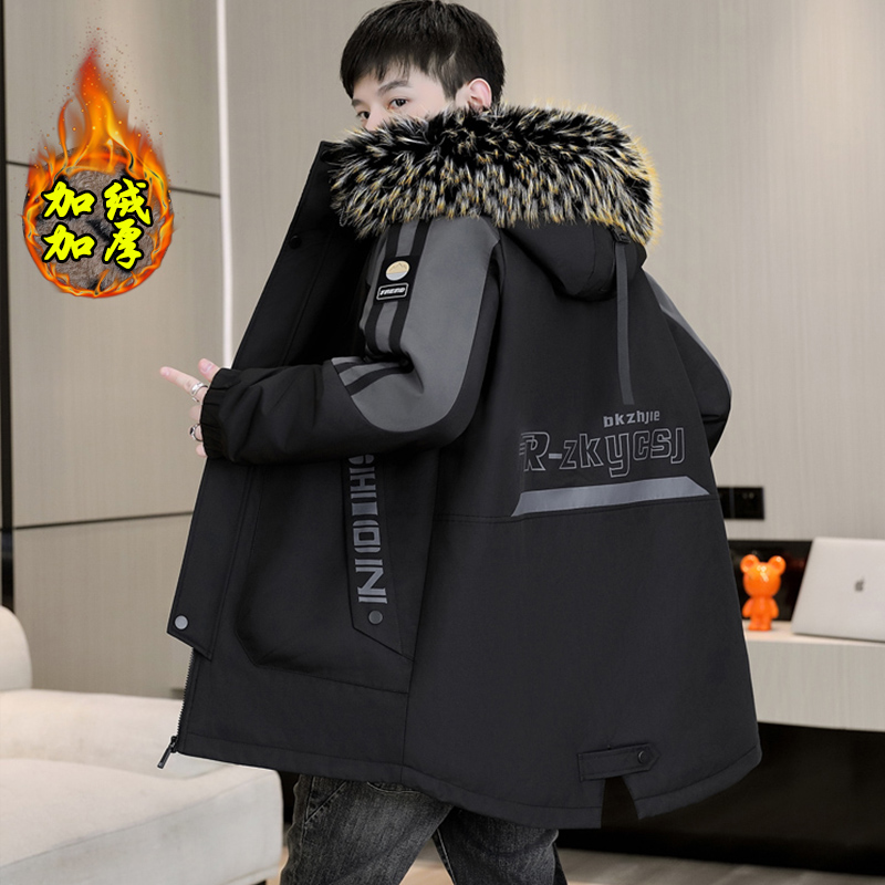 派克服男加绒加厚秋冬季夹克中长款风衣休闲时尚保暖冬装男士外套