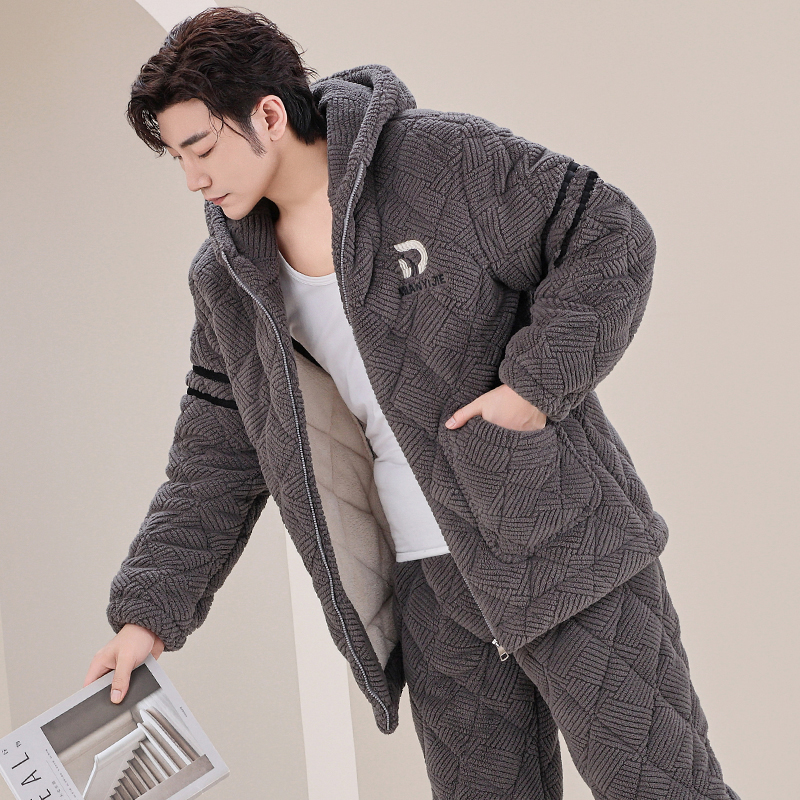 超厚睡衣男士冬天三层加厚夹棉加绒珊瑚绒家居服秋冬款冬季套装男