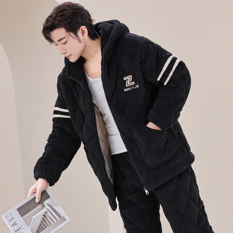睡衣男士冬季珊瑚绒加厚加绒秋冬款天青年三层夹棉连帽家居服套装