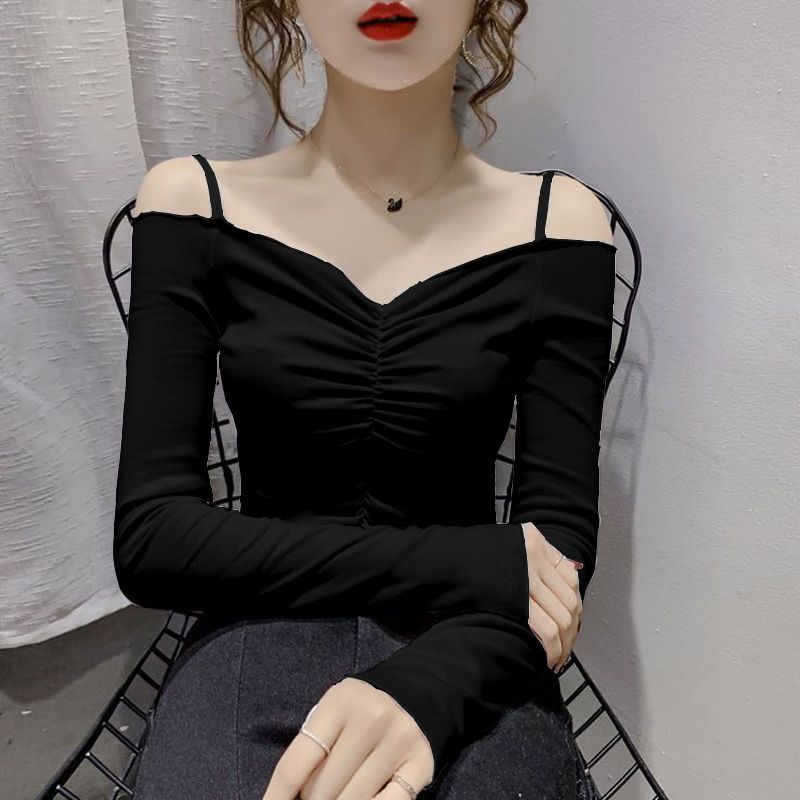 设计感小心机一字肩上衣女2023年秋季新款修身显瘦长袖短款T恤潮