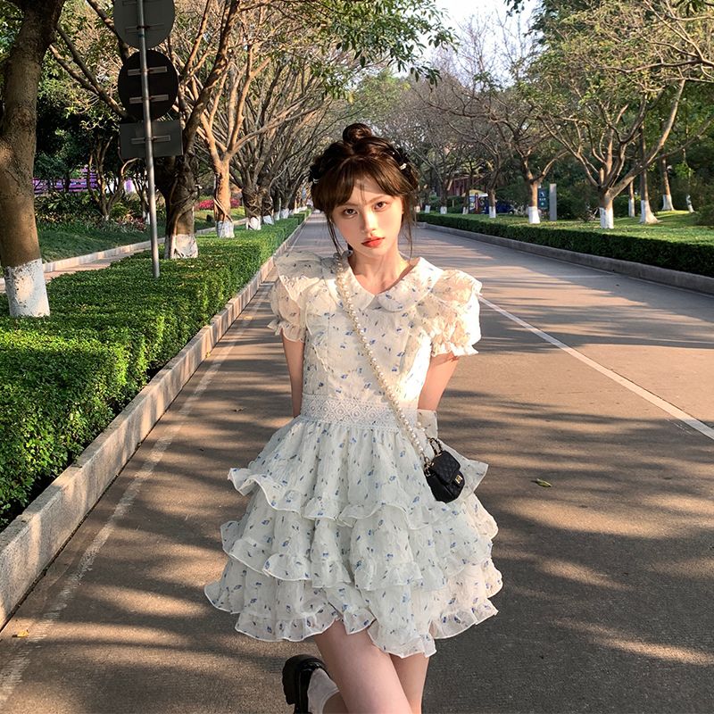 绿野森林气质仙女小飞袖甜美蛋糕娃娃领公主裙蓬蓬裙收腰连衣裙