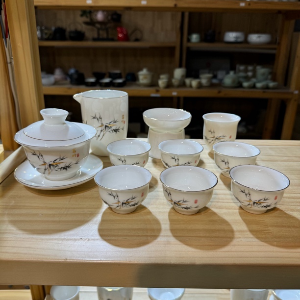 晟翔陶瓷茶具套装羊脂玉富竹盖碗主人杯11头