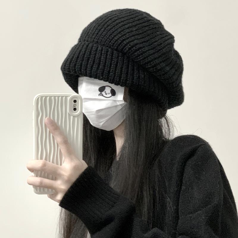 黑色针织帽子女款秋冬季大头围堆堆帽护耳加厚保暖显脸小毛线帽潮