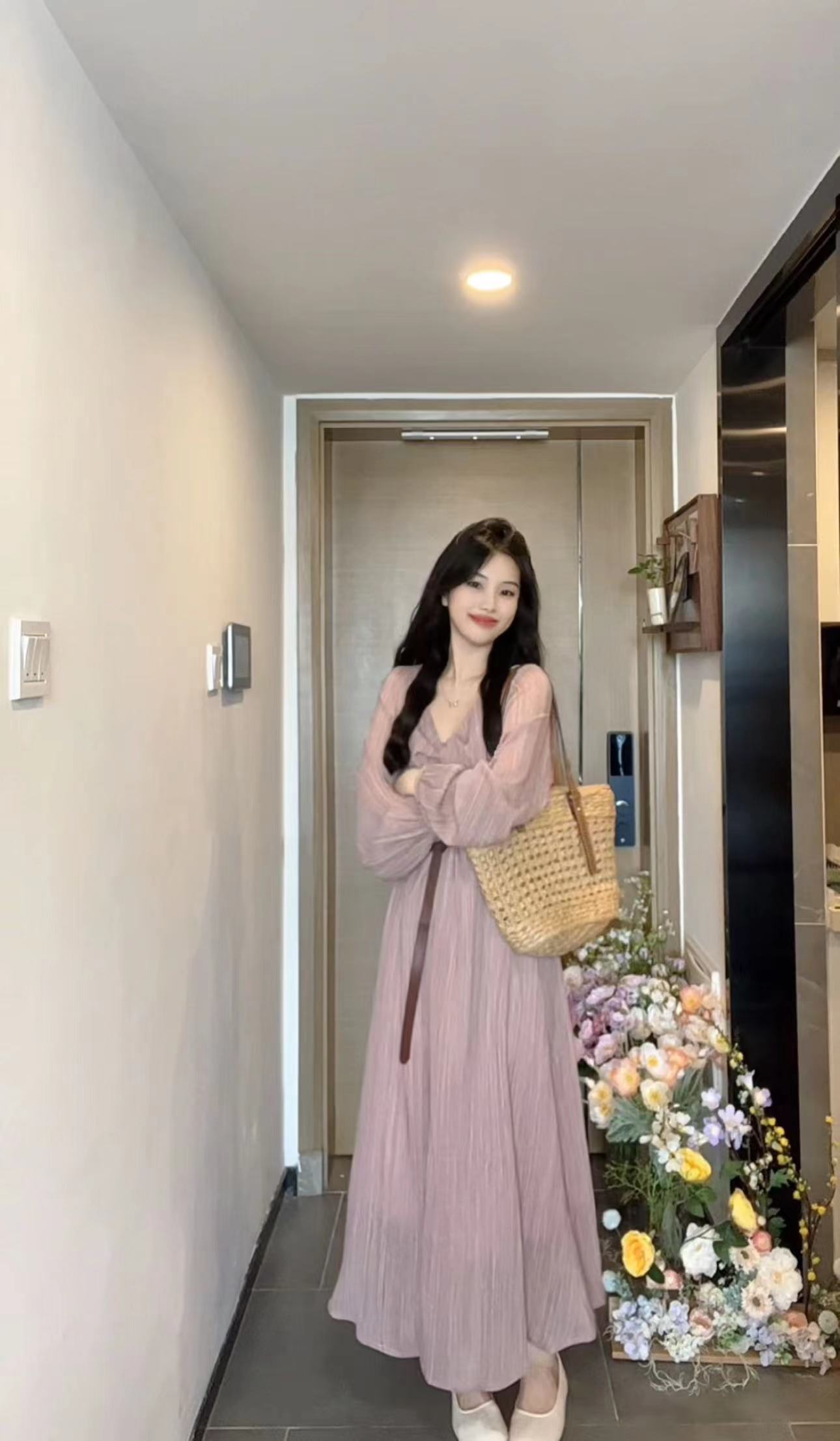 AN.XIN【暮色蔷薇】早春新款 小众温柔纯色连衣裙7889             