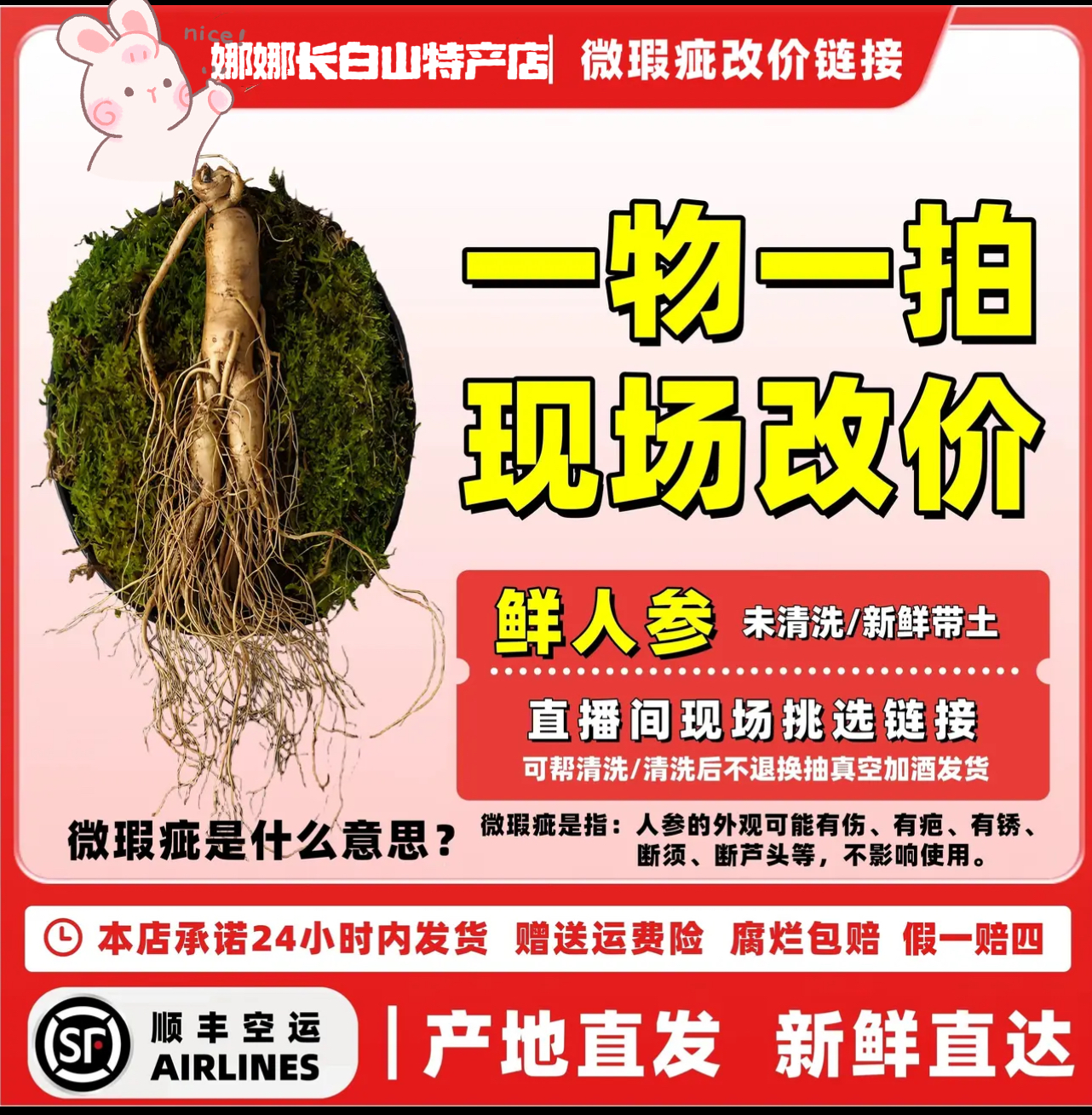 长白山鲜人参免费清洗改价链接 清洗过不退不换实物以直播间为准
