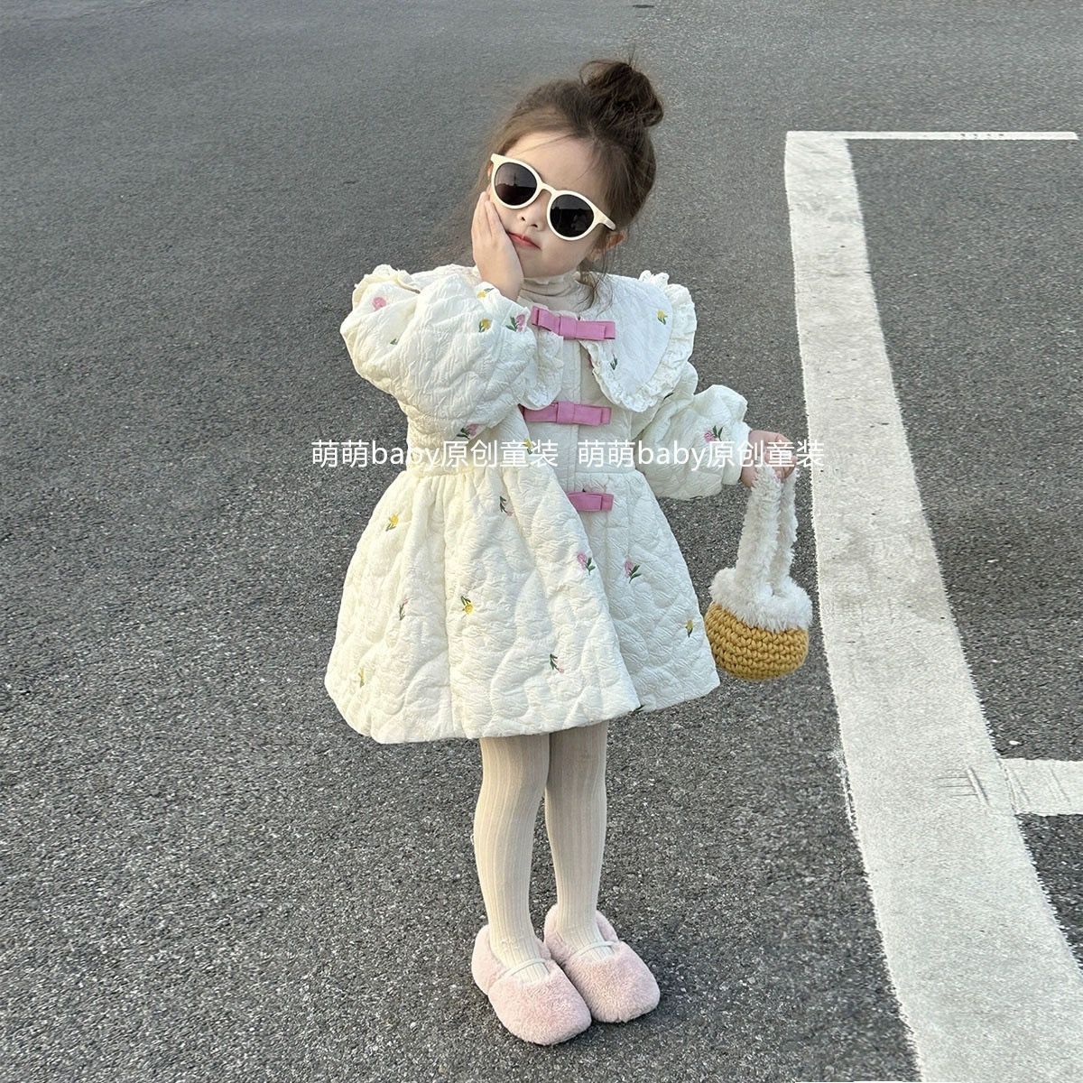 【冬季大促】女童冬季娃娃领棉服2023新款儿童刺绣碎花夹棉连衣裙