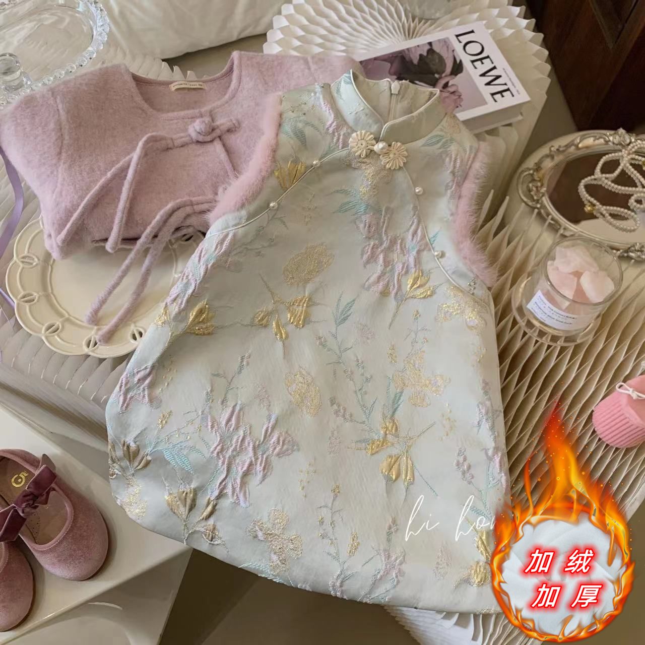 女童加绒加厚旗袍裙2023冬季新款女宝宝背心裙中国风拜年服马甲裙