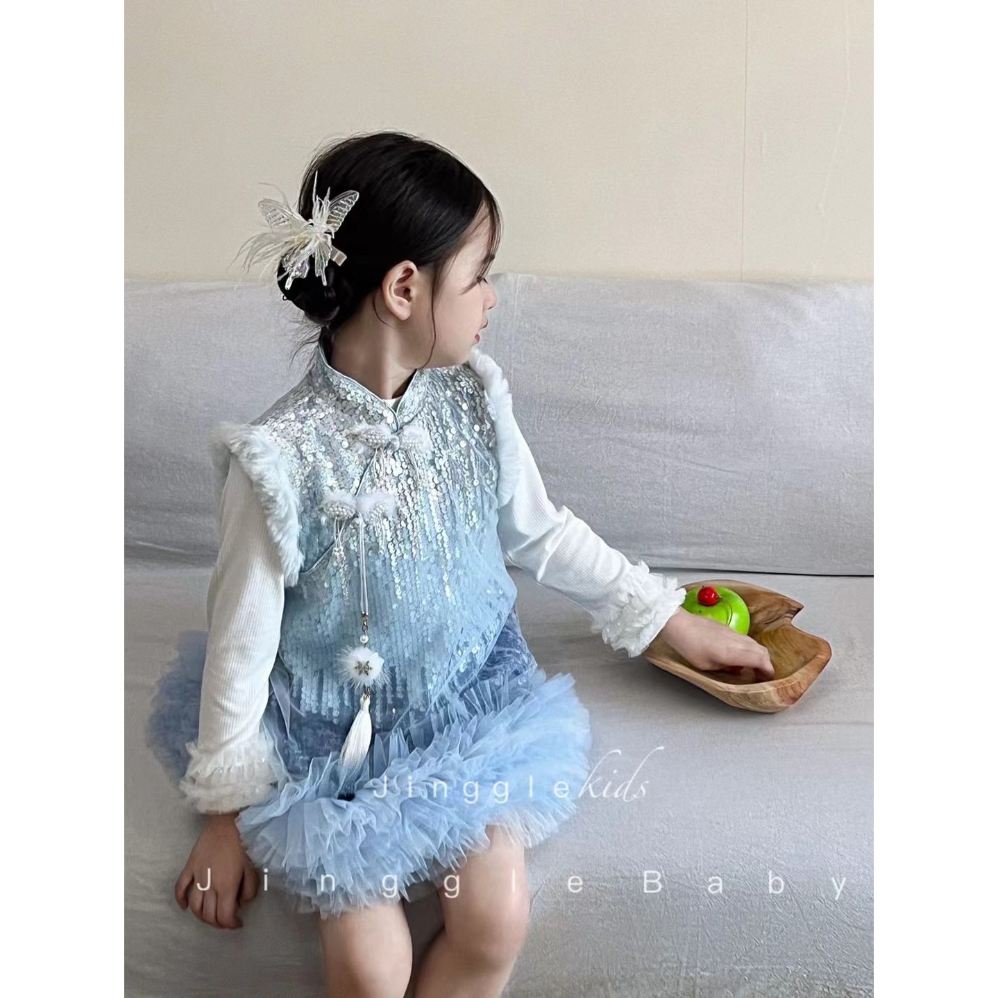 【冬季大促】女童古风汉服秋冬新中式爱莎公主裙改良旗袍套装加绒