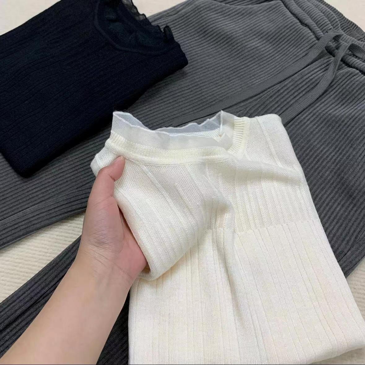 2025秋冬季水晶砂花边长袖百搭女亲肤柔软精仿针织打底衫113