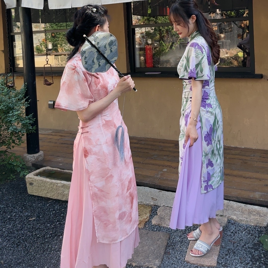 中国风奥黛仙女裙气质显瘦日常收腰长款步步生莲女装连衣裙仙气