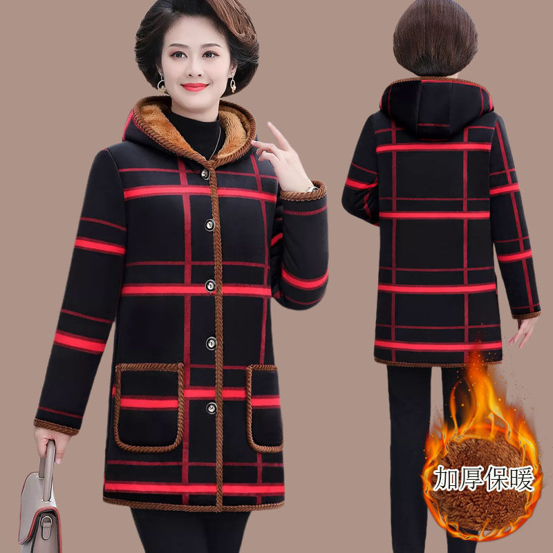 FM妈妈装秋冬棉服中年连帽棉袄中长款大码印花外套中老年女装加绒