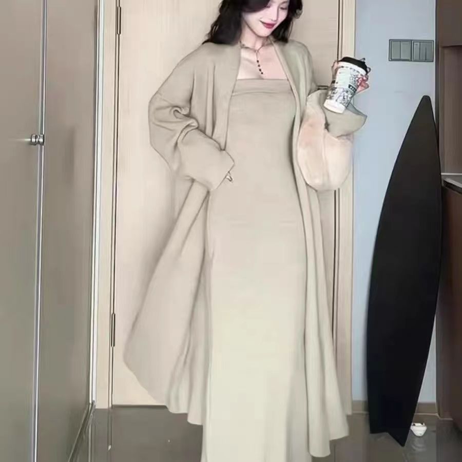 FM港风复古包臀开叉抹胸针织连衣裙女装加厚中长款裙针织开衫套装