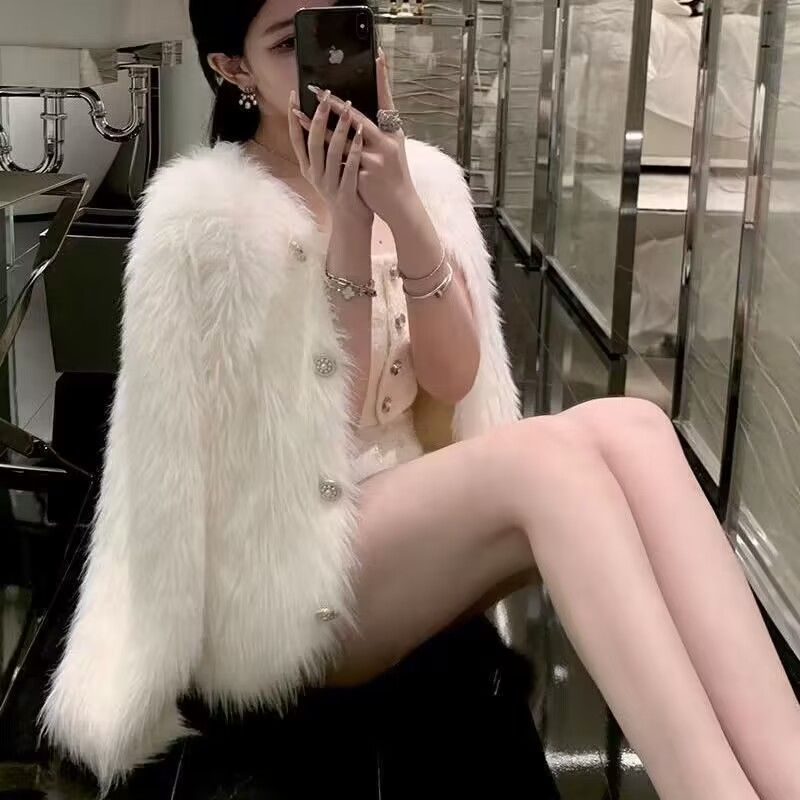 FM仿水貂绒针织开衫毛衣外套女装秋冬装上衣加厚纯色新款短款软糯