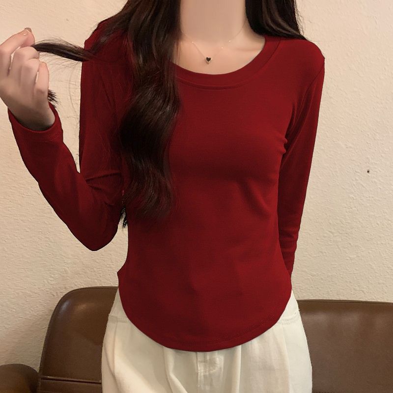 FM德绒圆领打底衫修身内搭长袖T恤女装秋冬纯色弧形内搭百搭上衣