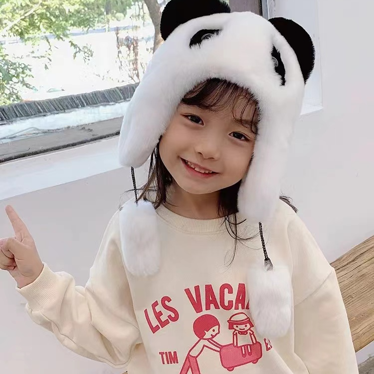 可爱卡通熊猫宝宝整皮獭兔毛皮草帽男女宝宝儿童亲子保暖冬帽