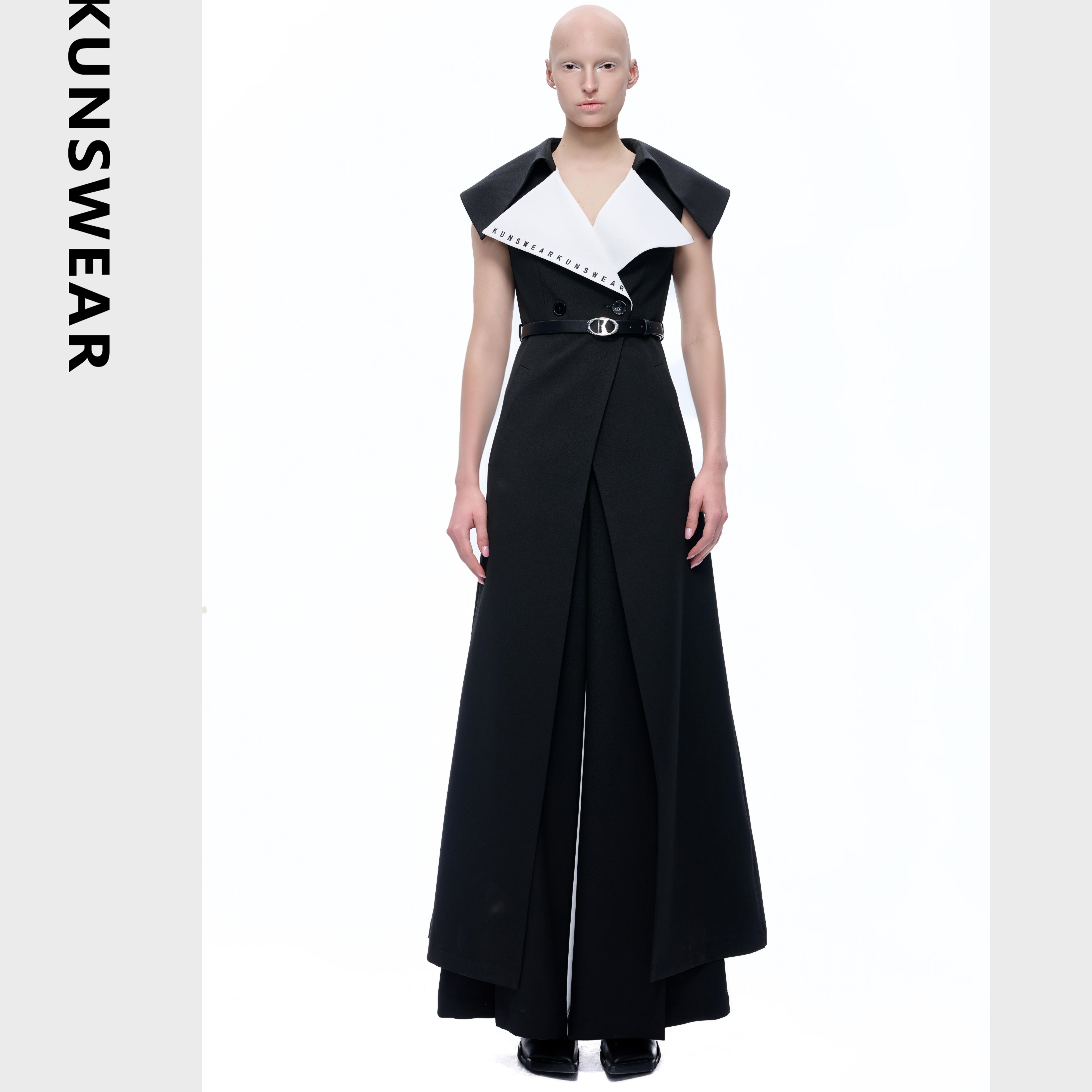 KUNSWEAR/琨丝薇尔24SU 设计师拼接撞色轻奢长款外套女 824002051