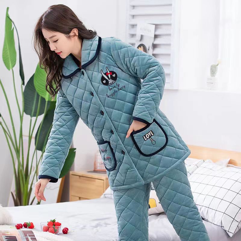 珊瑚绒睡衣女士冬季三层夹棉加厚中长款法兰绒保暖加绒家居服套装