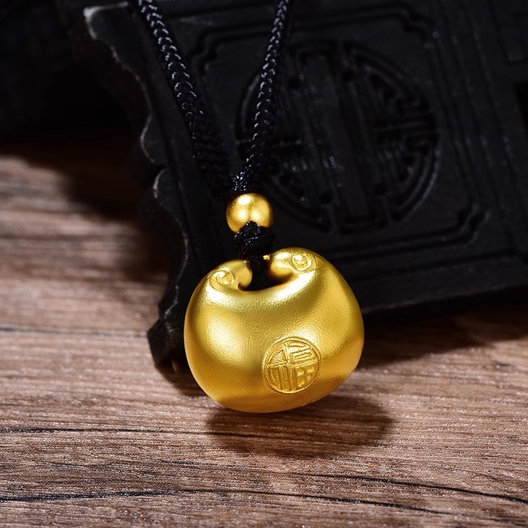 足金999古法小金坨小胖福黄金吊坠金坨坨项链福字锁包520送女友