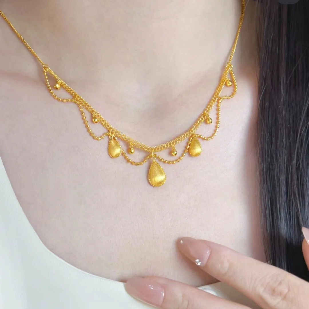 足金999拉丝水滴蕾丝黄金项链蹦迪珠公主套链结婚三金情人节送礼