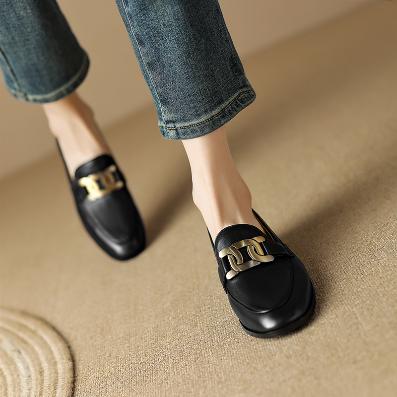 【NICESEE】3cm,2024新款低跟一脚蹬圆头真皮乐福鞋女百搭四季单鞋