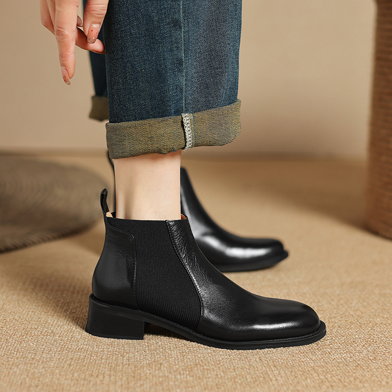 【NICESEE】3.5cm,2024秋冬新款短靴女切尔西靴粗跟踝靴真皮女靴