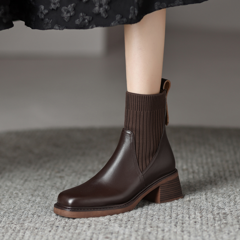 【NICESEE】5cm,秋冬季新款针织弹力粗跟真皮短靴女中跟厚底马丁靴