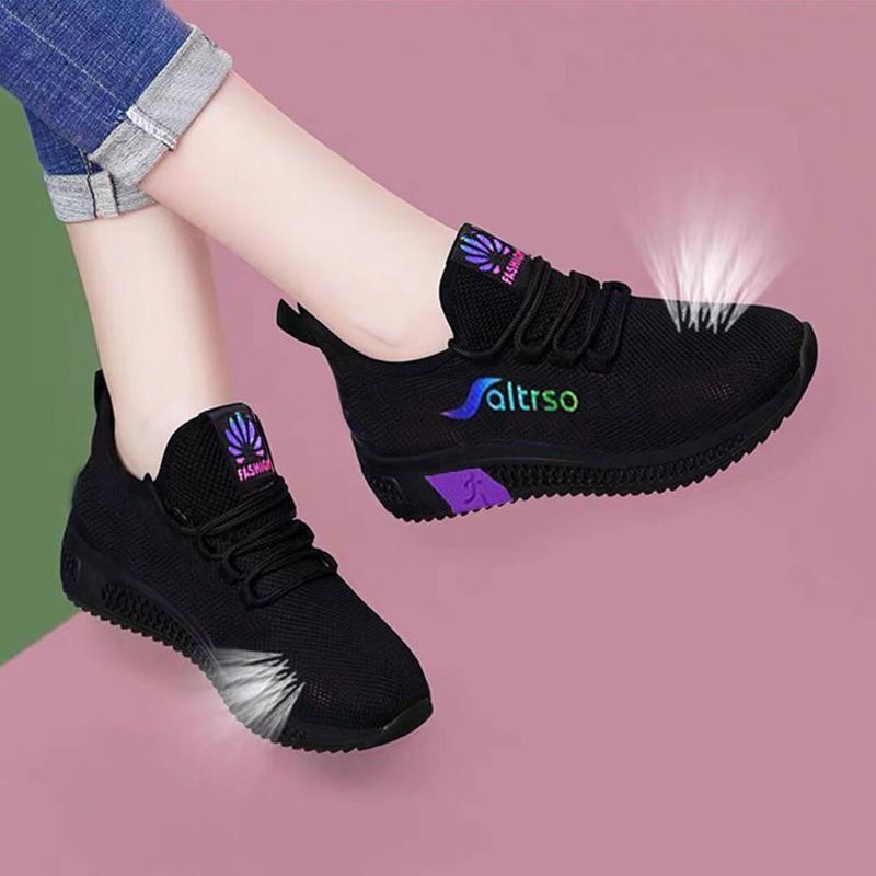 春秋款透气网布黑色防滑软底舒适轻便时尚百搭透气跑步鞋妈妈鞋