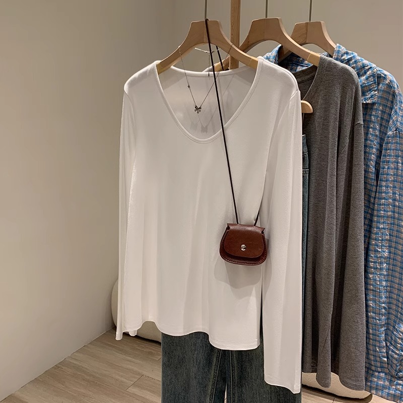 佐朗格奴长袖【两件装】慵懒风大V领口上衣女纯色百搭oversizet恤衫