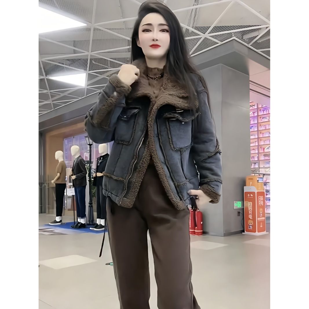 过年穿爆款欧洲站休闲时尚气质减龄宽松羊羔毛牛仔拼接外套减龄