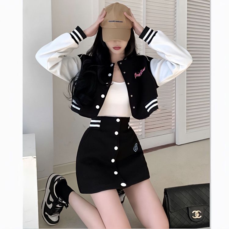 时尚套装女春秋2023小个子新款棒球服套装短款半身裙休闲两件套
