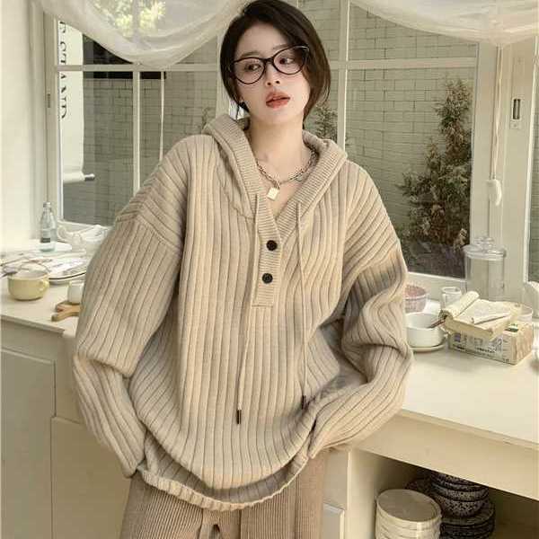 软糯连帽毛衣女2023秋冬新款韩版宽松慵懒风百搭休闲针织衫上衣厚