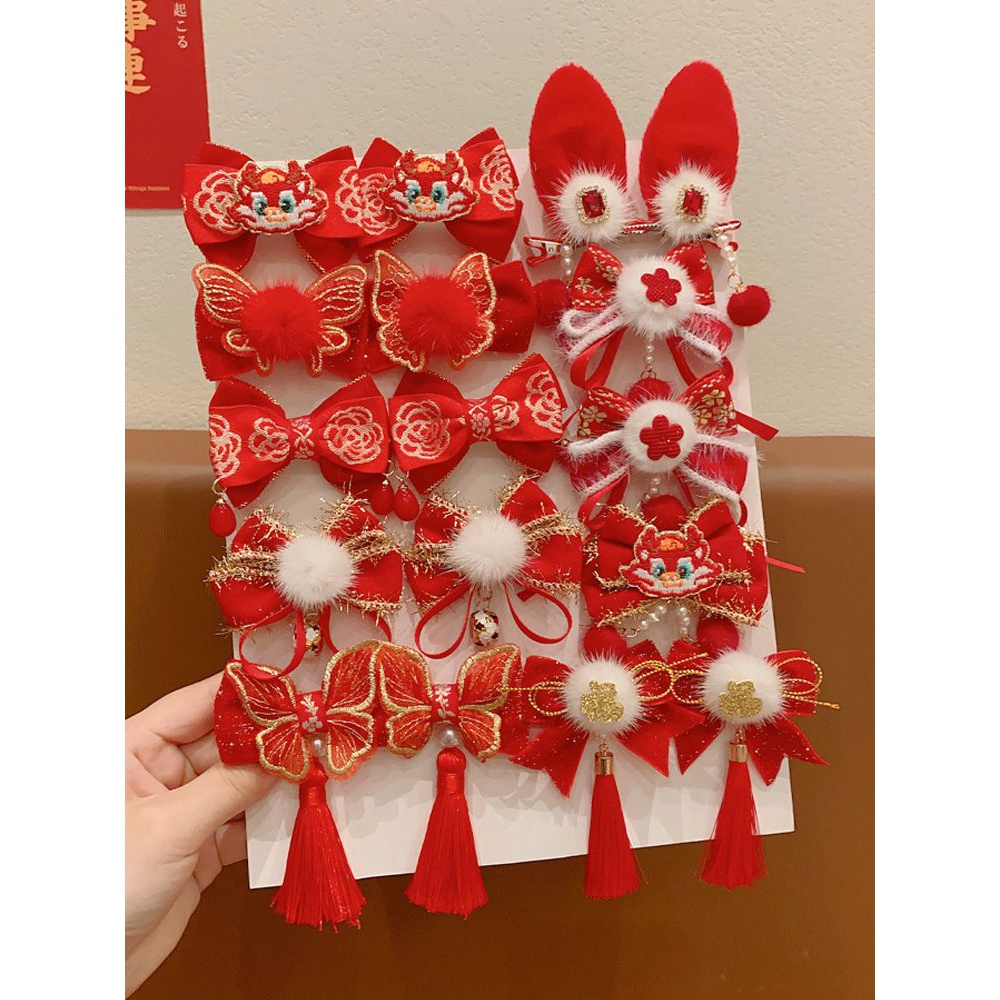 新年红色发夹套装中国风喜庆可爱毛绒发饰女孩爆款蝴蝶结不伤发