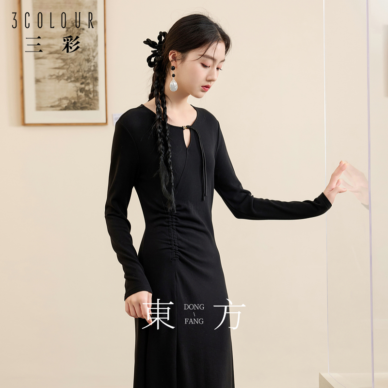 三彩【月影幽梦】2024冬季新款新中式连衣裙开叉长裙盘扣内搭女C